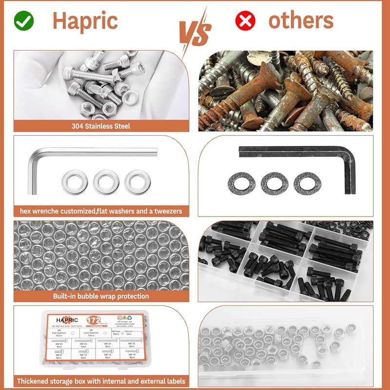 Hapric 172 Pcs M6 Screws Assortment Kit, M6x 8/10/12/16/20/25/30/35mm M6 Bolts Kit, 304 Stainless Steel Hex Socket Head Screws Nuts Bolts and Washers Set - Image 4